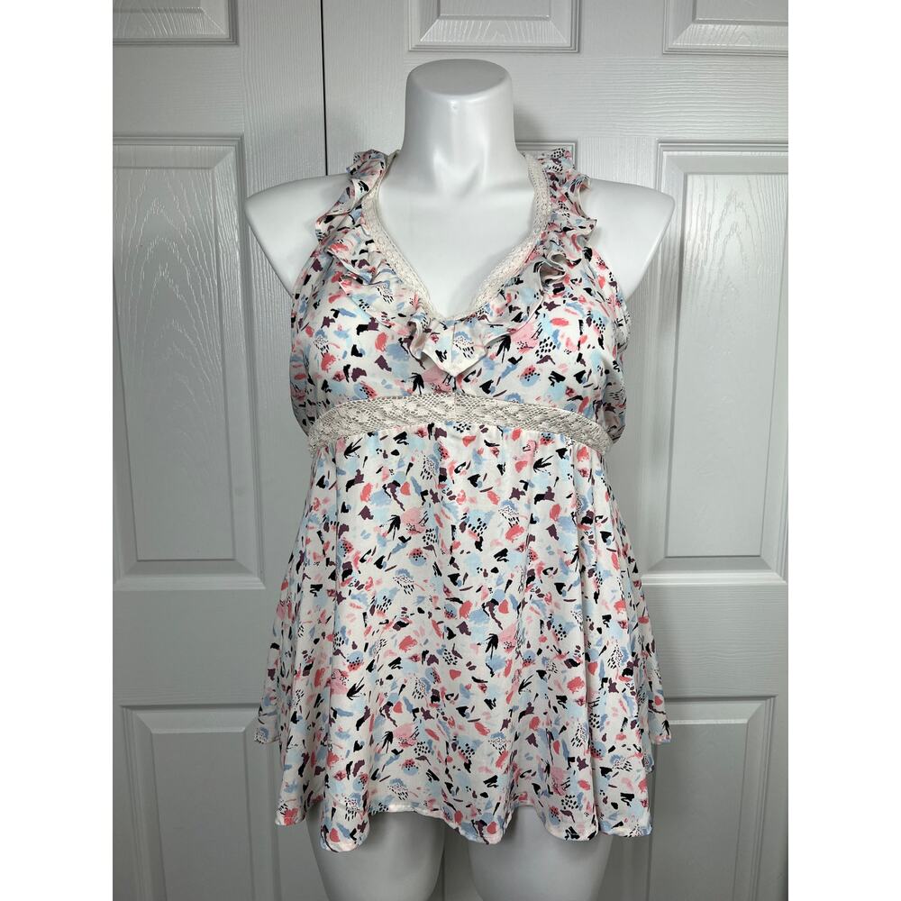 NEW Torrid Women's Challis Ruffle V-Neck Sleeveless Top Pink Blue Rayon M/L